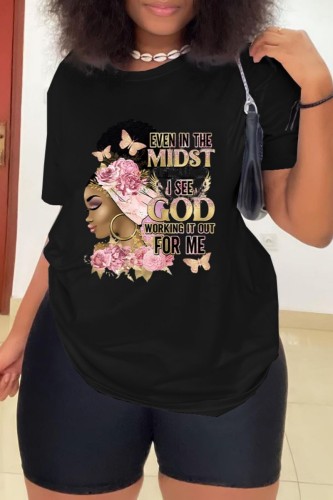 Black Casual Print Basic O Neck T-Shirts