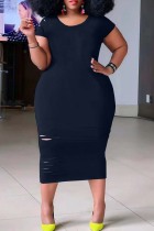 Deep Blue Casual Solid Ripped O Neck Short Sleeve Dress
