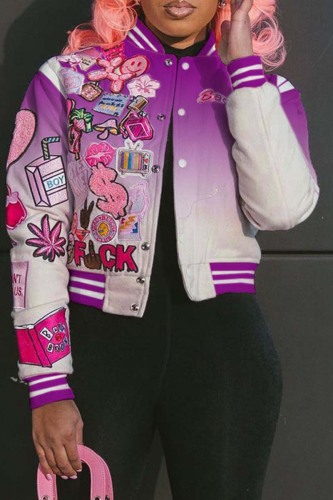 Purple Casual Gradual Change Print Patchwork O Neck Outerwear