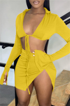 Yellow Fashion Sexy Solid Bandage Slit V Neck Long Sleeve Two Pieces