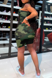 Army Green Sexy Camouflage Print Patchwork Halter One Shoulder Dress Dresses