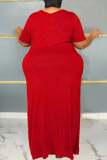 Red Casual Solid Basic V Neck Short Sleeve Dress Plus Size Dresses