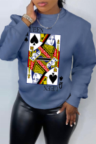 Blue Casual Street Print Patchwork O Neck Tops