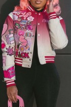 Pink Casual Gradual Change Print Patchwork O Neck Outerwear