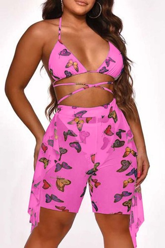 Pink Sexy Butterfly Print Bandage Backless Swimsuit Three Piece Set