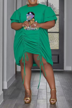 Green Street Print Draw String Flounce O Neck Straight Plus Size Dresses