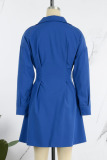 Blue Casual Solid Patchwork Buckle Turndown Collar A Line Dresses