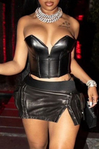 Black Sexy Solid Patchwork Backless Strapless Sleeveless Two Pieces