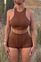 Brown Sexy Casual Solid Basic O Neck Sleeveless Two Pieces