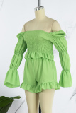 Green Sexy Solid Backless Off the Shoulder Long Sleeve Two Pieces