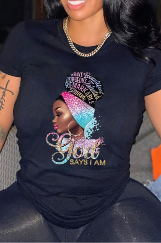 Black Casual Print Basic O Neck T-Shirts
