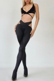 Black Sexy Solid Bandage Hollowed Out Backless V Neck Sleeveless Two Pieces