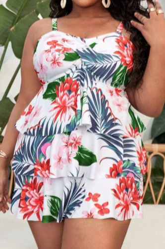 White Red Sexy Print Patchwork Spaghetti Strap Plus Size Swimwear(Two Pieces)