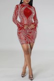 Red Sexy Patchwork Hot Drilling See-through Half A Turtleneck Long Sleeve Dresses