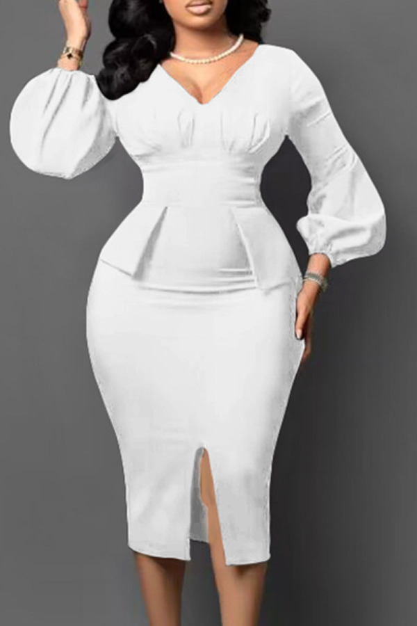White Elegant Solid Patchwork Fold V Neck One Step Skirt Dresses