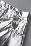 Silver Casual Street Solid Patchwork High Waist Straight Solid Color Bottoms