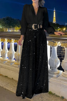Black Elegant Solid Sequins Patchwork V Neck Long Sleeve Two Pieces(Without Belt)