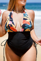Black Sexy Print Patchwork Draw String Halter Plus Size Swimwear