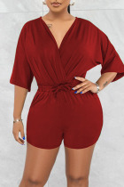 Red Casual Solid Patchwork V Neck Straight Jumpsuits