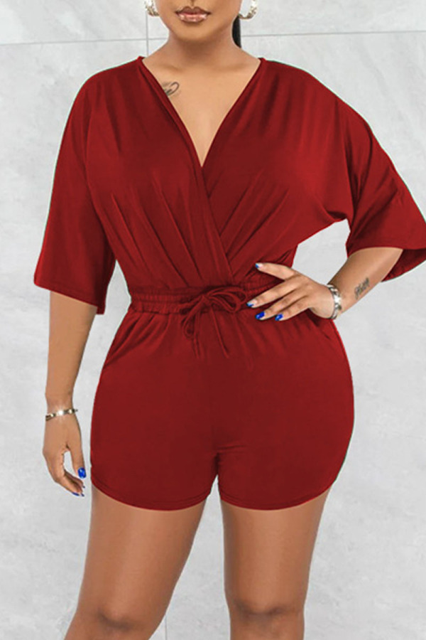 Red Casual Solid Patchwork V Neck Straight Rompers