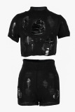Black Casual Solid Ripped Hollowed Out See-through Turtleneck Short Sleeve Two Pieces