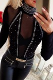 Black Sexy Casual Patchwork Hot Drilling See-through Turtleneck Tops