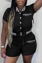 Black Casual Print Letter Mandarin Collar Short Sleeve Two Pieces