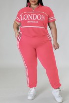 Pink Casual Sportswear Daily Letter Print Basic Zipper Collar Short Sleeve Two Pieces