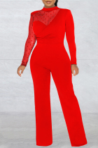 Red Casual Patchwork See-through Turtleneck Regular Jumpsuits