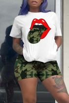 Camouflage Casual Print Camouflage Print Patchwork O Neck Short Sleeve Two Pieces