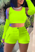 Fluorescent Green Casual Solid Basic O Neck Four Piece Set (With Sleeves)