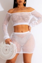 White Sexy Solid Hollowed Out See-through Off the Shoulder Long Sleeve Two Pieces