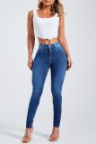 Blue Casual Solid Patchwork High Waist Skinny Denim Jeans