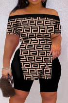 Black Casual Print Slit Off the Shoulder Short Sleeve Two Pieces