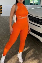 Orange Casual Sportswear Solid Hollowed Out Patchwork Turtleneck Sleeveless Two Pieces