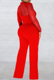 Red Casual Patchwork See-through Turtleneck Regular Jumpsuits