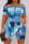 Blue Casual Print Slit Off the Shoulder Short Sleeve Two Pieces