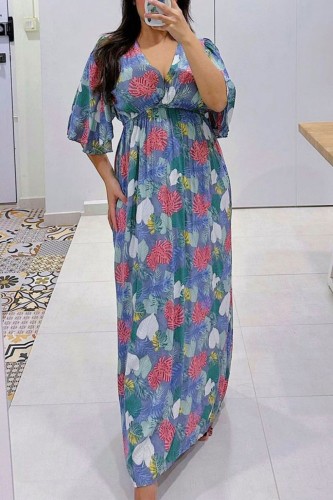 Blue Casual Daily Print Patchwork V Neck Long Dress Dresses