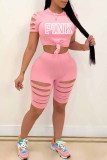 Pink Casual Print Ripped Letter O Neck Short Sleeve Two Pieces