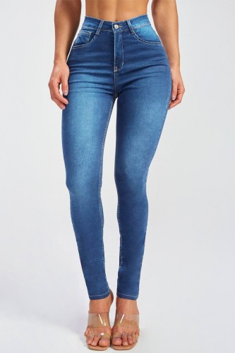 Blue Casual Solid Patchwork High Waist Skinny Denim Jeans