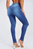 Dark Blue Casual Solid Patchwork High Waist Skinny Denim Jeans