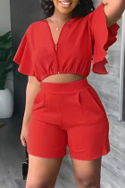 Red Casual Solid Patchwork Zipper Collar Short Sleeve Two Pieces