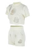 White Casual Solid Ripped Hollowed Out See-through Turtleneck Short Sleeve Two Pieces