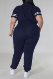 Deep Blue Casual Sportswear Daily Letter Print Basic Zipper Collar Short Sleeve Two Pieces