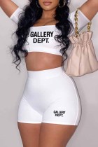 White Casual Street Print Letter U Neck Short Sleeve Two Pieces