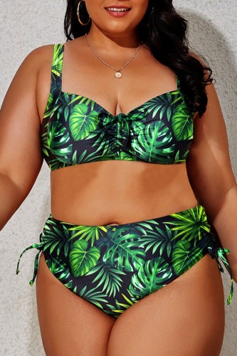 Green Fashion Sexy Print Draw String Frenulum Backless Spaghetti Strap Plus Size Swimwear