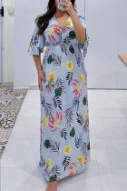 Light Blue Casual Daily Print Patchwork V Neck Long Dress Dresses