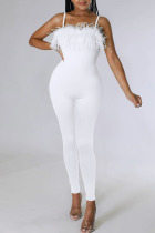 White Sexy Solid Tassel Patchwork Feathers Spaghetti Strap Skinny Jumpsuits