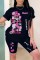Black Casual Print Basic O Neck Short Sleeve Two Pieces