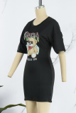 Black Casual Cartoon Print Basic O Neck Short Sleeve Dress